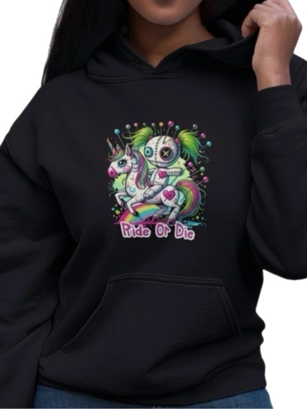Black Fleece Pullover Hoodie ‘RIDE OR DIE’ Rainbow Unicorn & Voodoo Doll